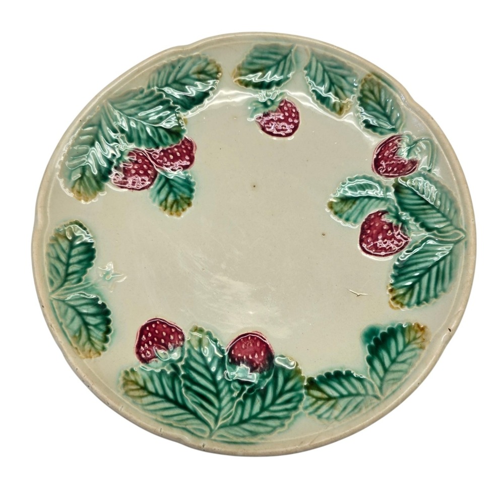 Antique Majolica Strawberry 8" Pottery Plate Green Red Fruit Kitchen Vintage